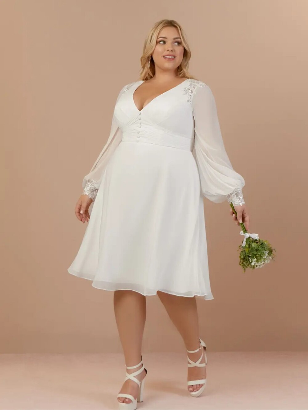 Azazie White Flowy Long-Sleeve V-Neck Dress w Lace Bridal Sz 24 (Reg Size 18/20)